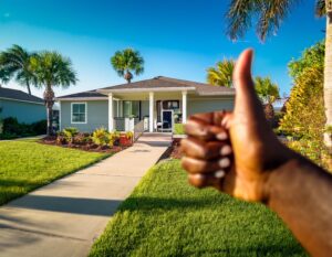 Happy homeowner standing next to a soft-washed home in Fort Myers.