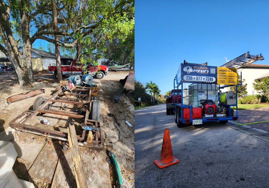 Before-and-after of custom pressure washing trailer, restored for superior cleaning services.