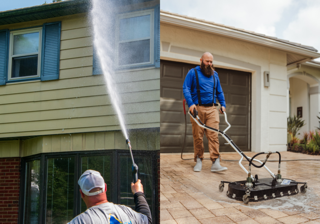 Soft washing siding compared to pressure washing a brick paver driveway.