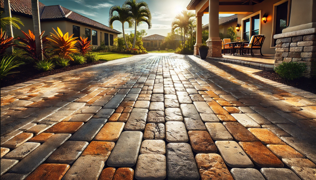 Freshly sealed paver patio in Fort Myers, Florida, with vibrant colors, a smooth surface, and no visible stains or weeds, demonstrating the results of professional paver sealing.